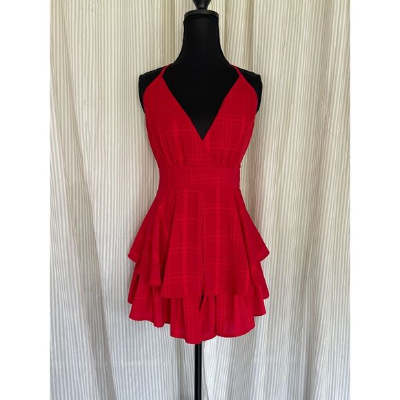 Saints + Secrets Sz M Red Tiered Romper Ruffles Spaghetti Strap V-Neck Summer - Picture 3 of 9